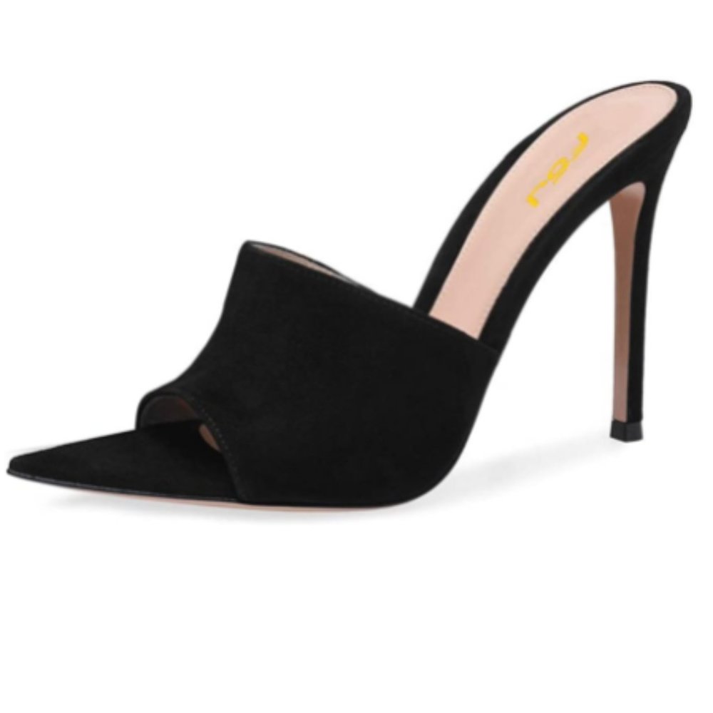 FSJ Black Suede High Heels Sandals Open Toe Mules Sexy Slide Shoes